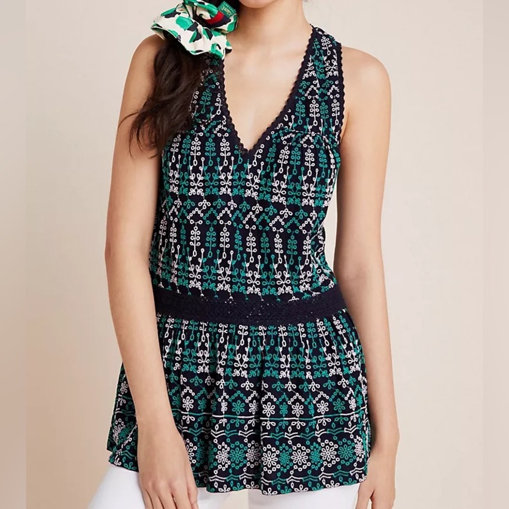 Embroidered Navy and Teal Sleeveless Top
